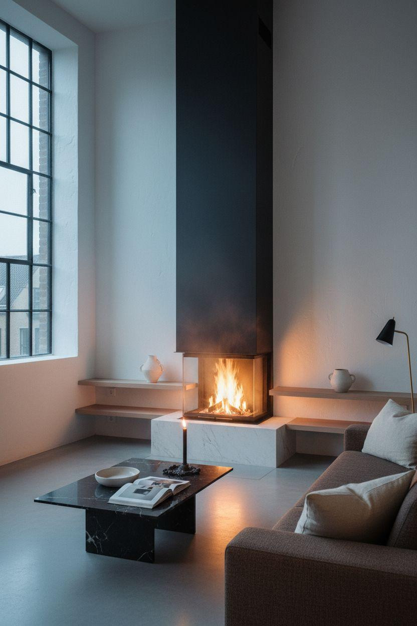Fireplace Ideas - minimalist gas fireplace with black steel frame