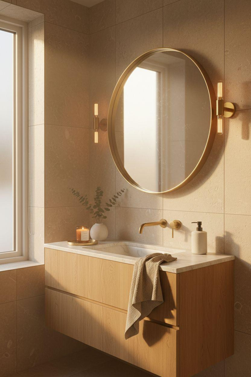 Bathroom Mirror - brass framed mirror with warm sconce lighting