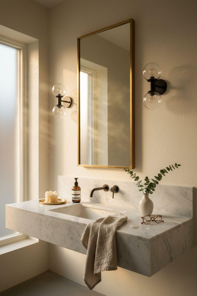 Bathroom Mirror - modern bathroom mirror in minimalist Copenhagen apartment