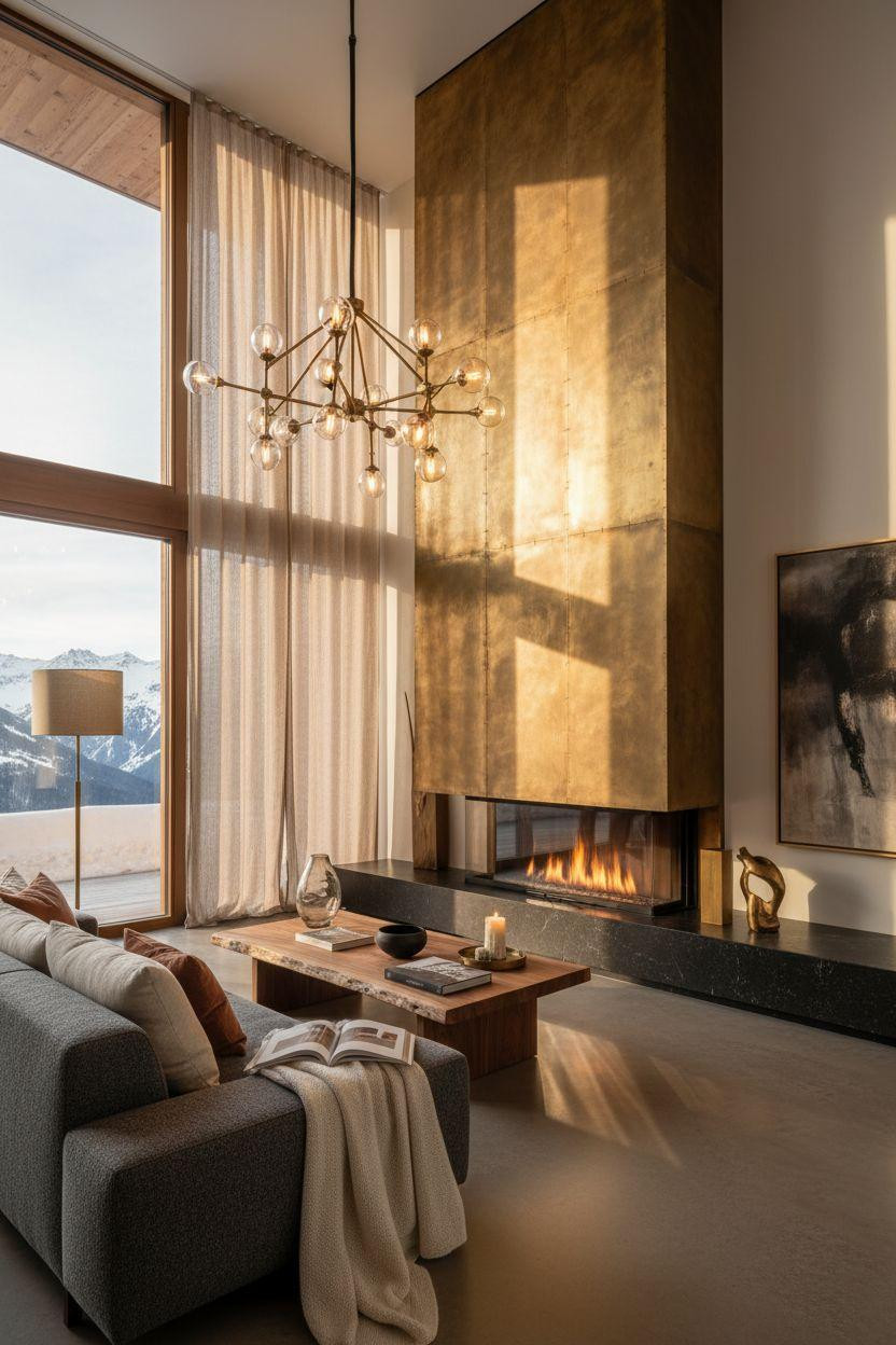 Fireplace Ideas - brass clad fireplace with geometric chandelier