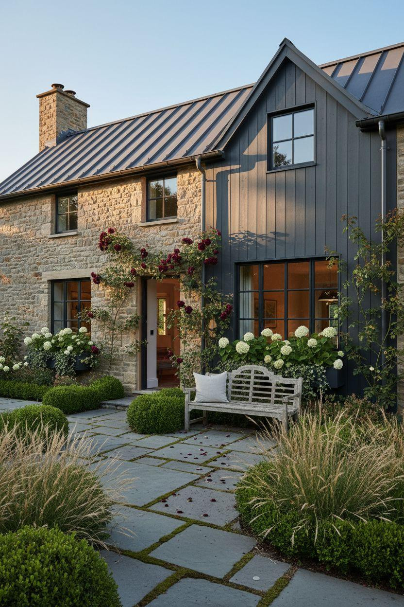 Modern Cottage Homes - reclaimed limestone with modern black windows