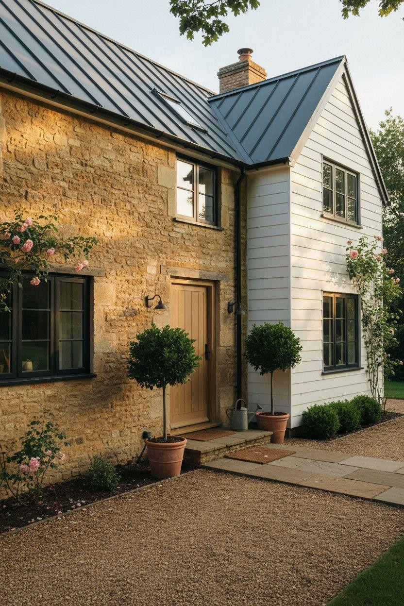 Modern Cottage Homes - white siding with natural stone chimney