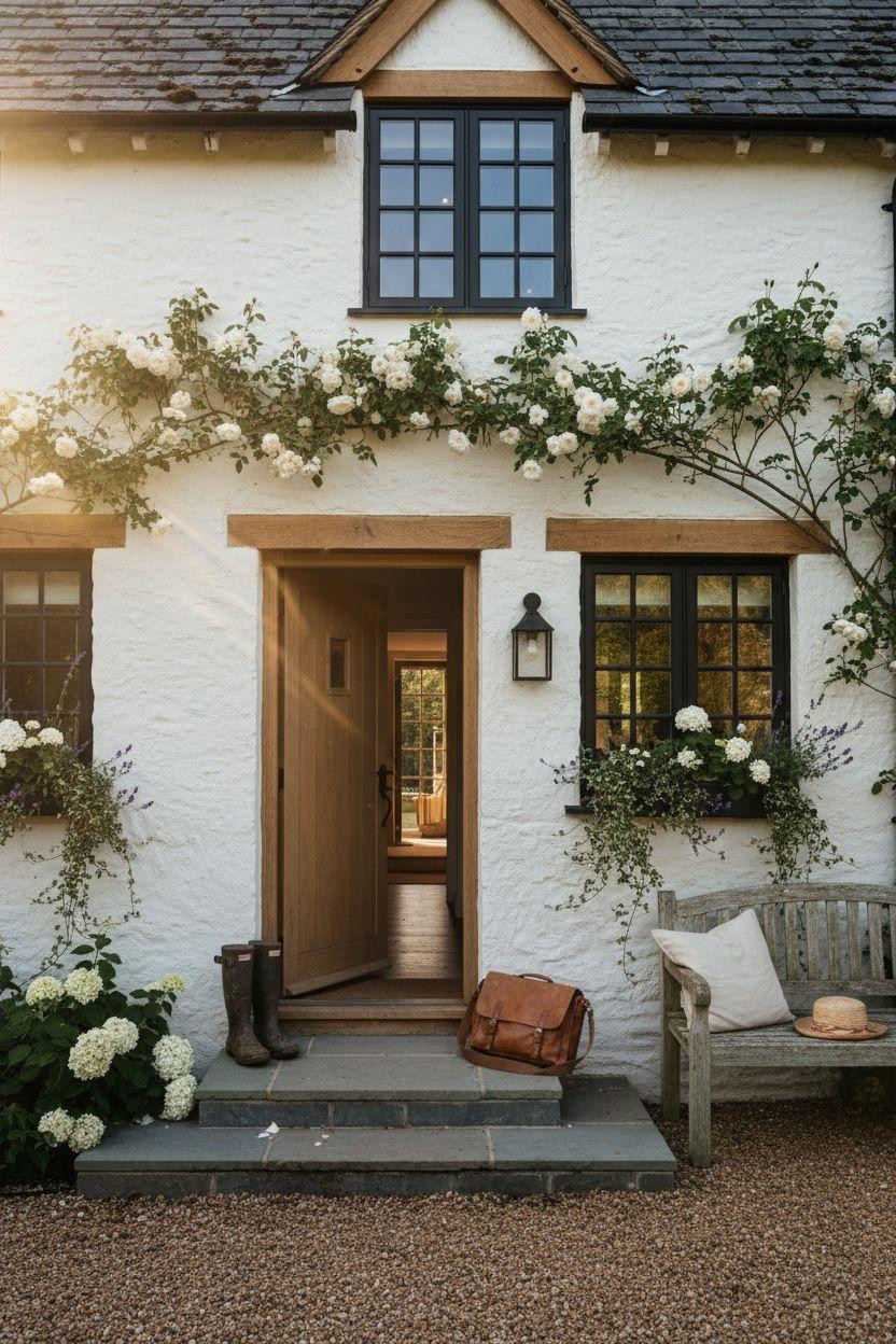 Modern Cottage Homes - charming white exterior with climbing roses