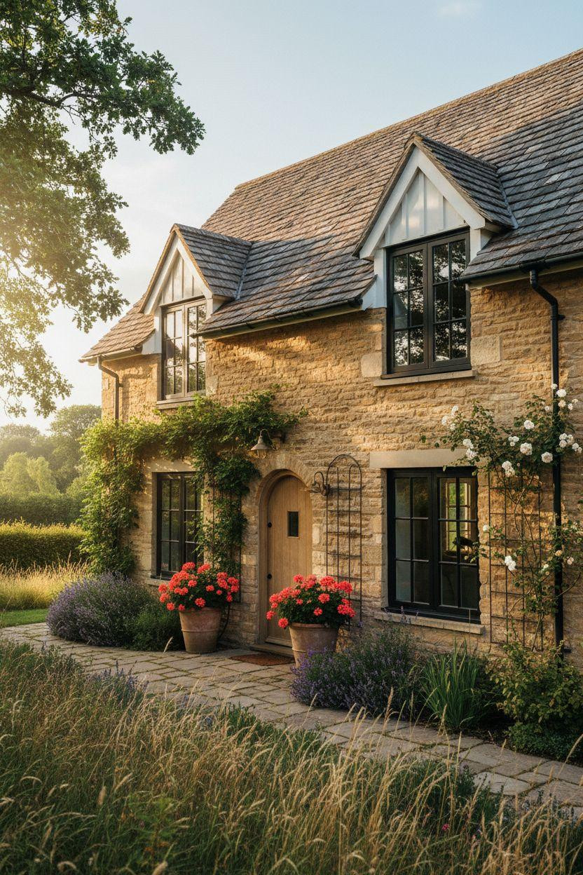 Modern Cottage Homes - limestone with coral geraniums and iron trellis