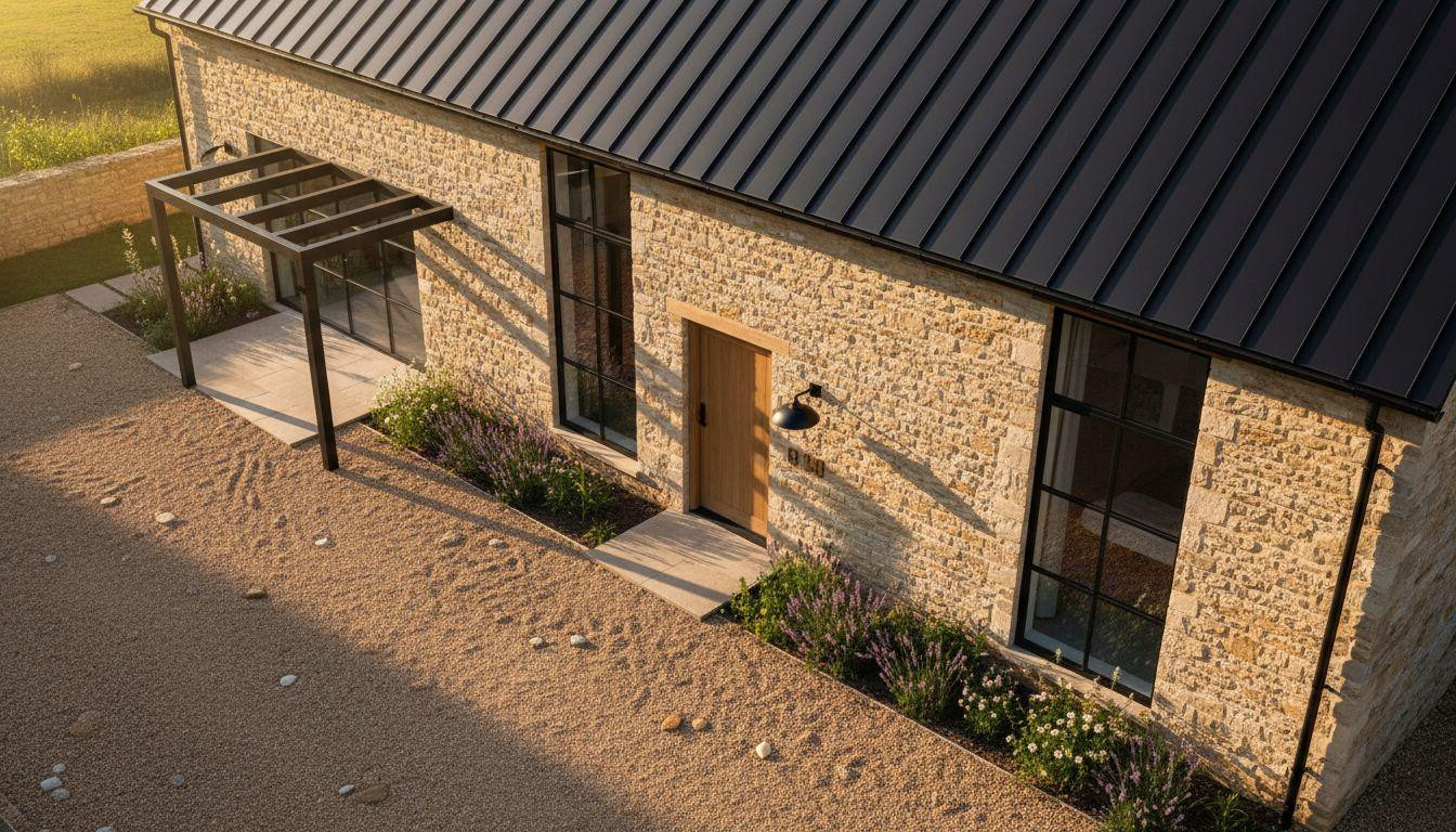 Modern Cottage Homes - overhead view with gravel drive and modern pergola