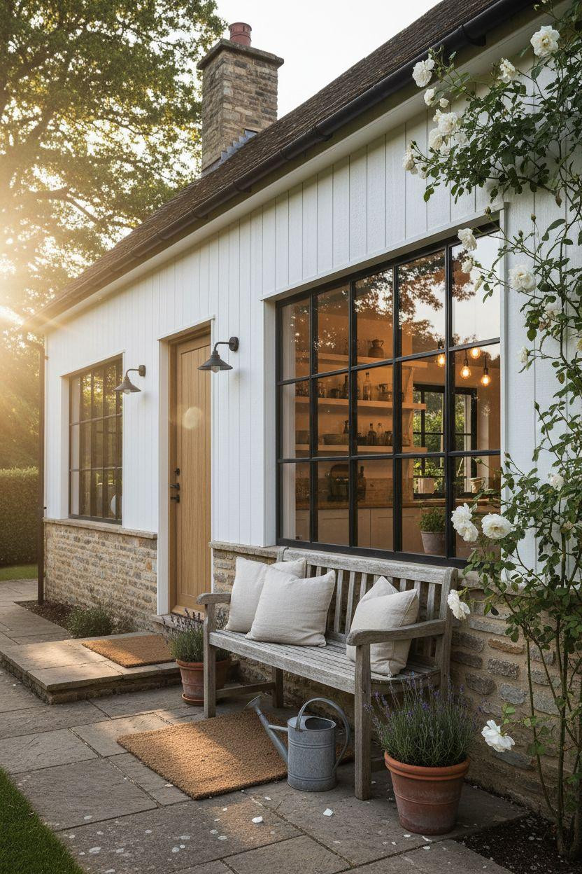Modern Cottage Homes - white siding with glimpse of interior shelves