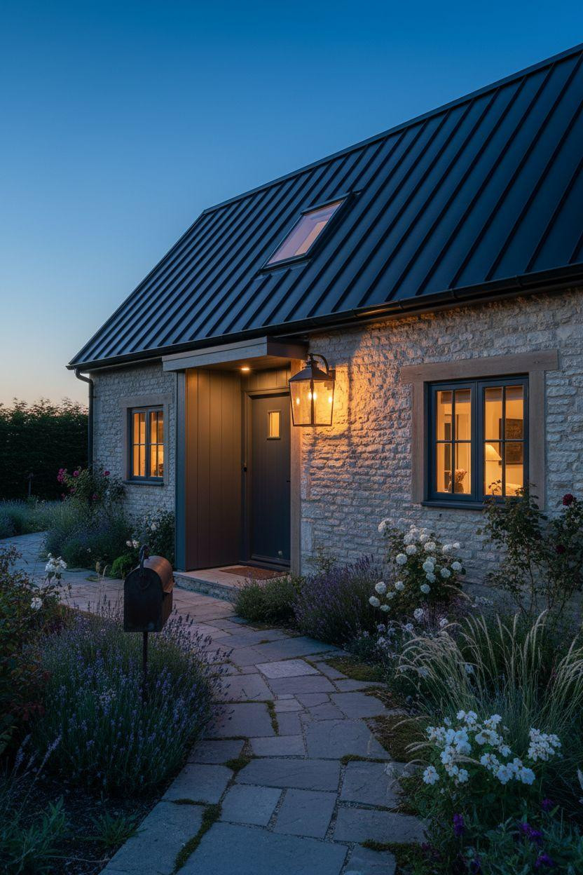 Modern Cottage Homes - dramatic dusk lighting on stone cottage