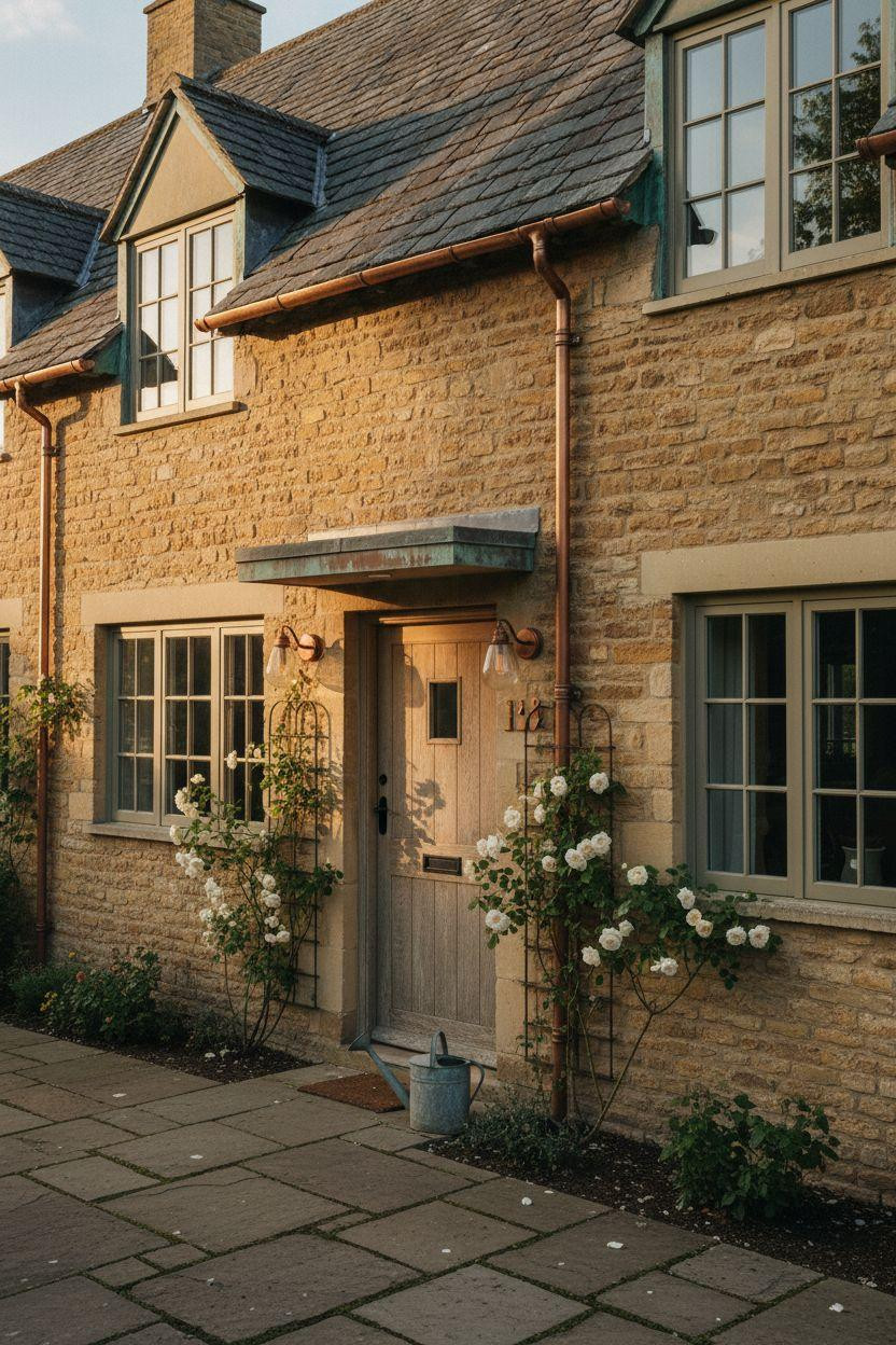 Modern Cottage Homes - limestone with copper window frames and lanterns