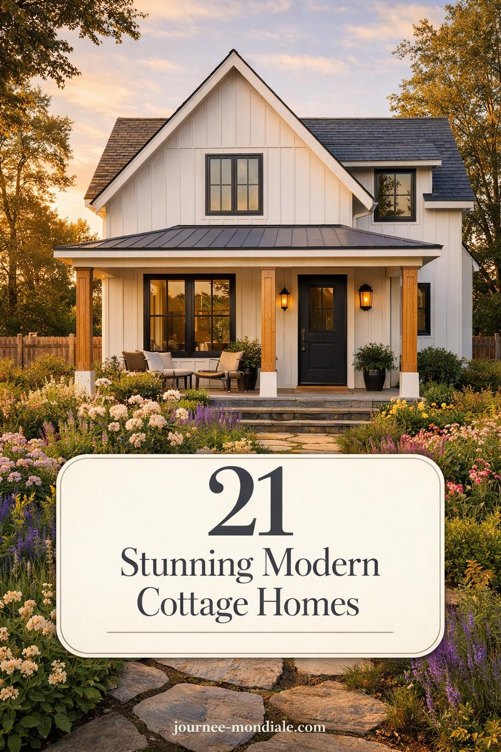 White board-and-batten cottage exterior with charcoal windows, slate gray gable roof, covered porch, bluestone flooring, lush garden
