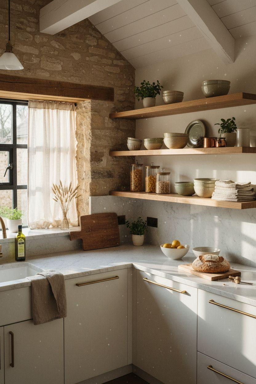 Modern Cottage Homes - kitchen with open shelves and brass pulls