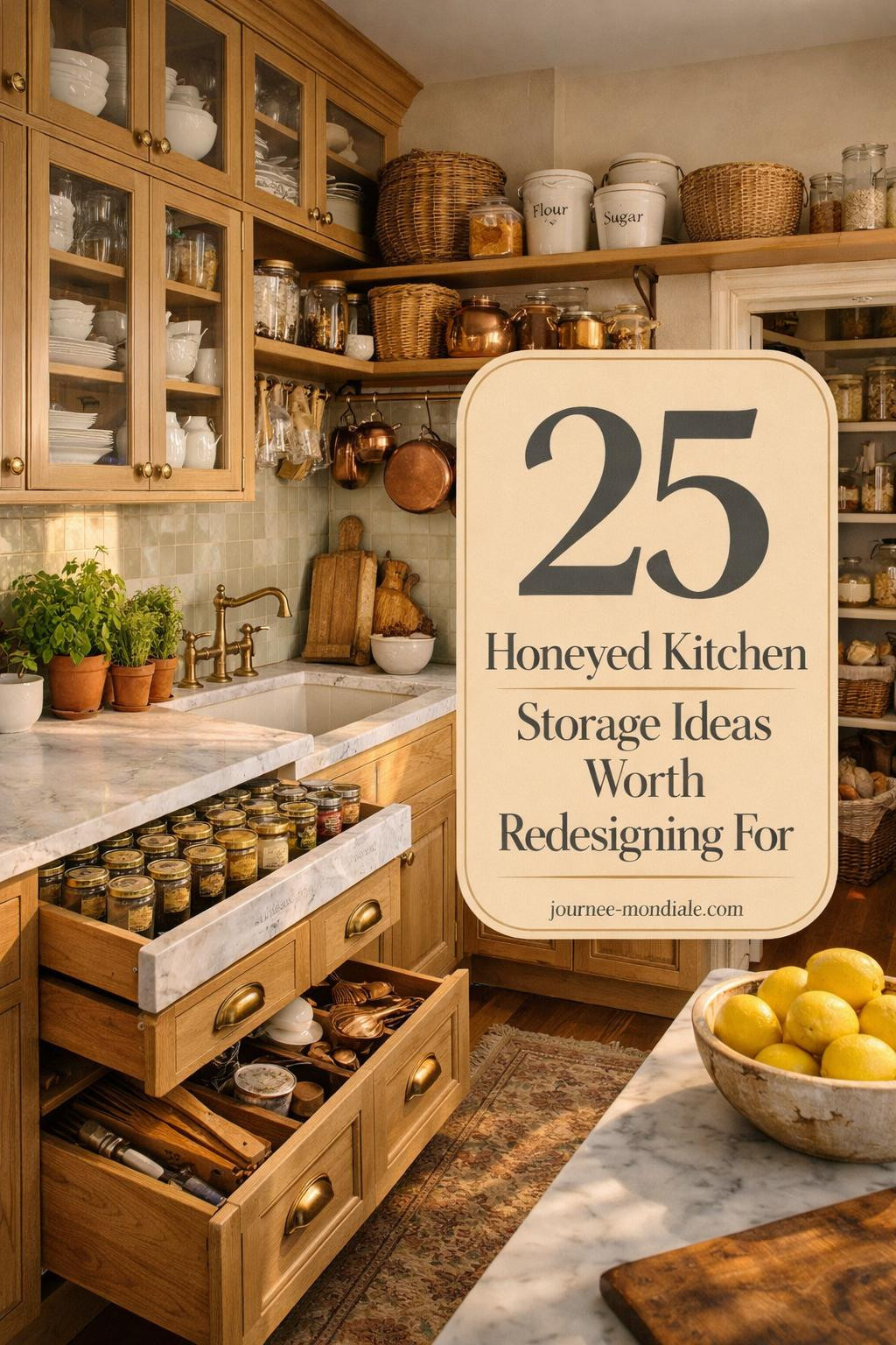 Sophisticated modern farmhouse kitchen with custom white oak cabinetry, glass-front uppers displaying dishware, organized marble spice drawer, deep utensil drawers, open shelving with baskets and copper pots, walk-in pantry with grains and produce, honed Carrara counters, zellige tile backsplash, farmhouse sink, fresh herbs, and warm morning light. Central overlay reads '25 Honeyed Kitchen Storage Ideas Worth Redesigning For' in refined serif font.