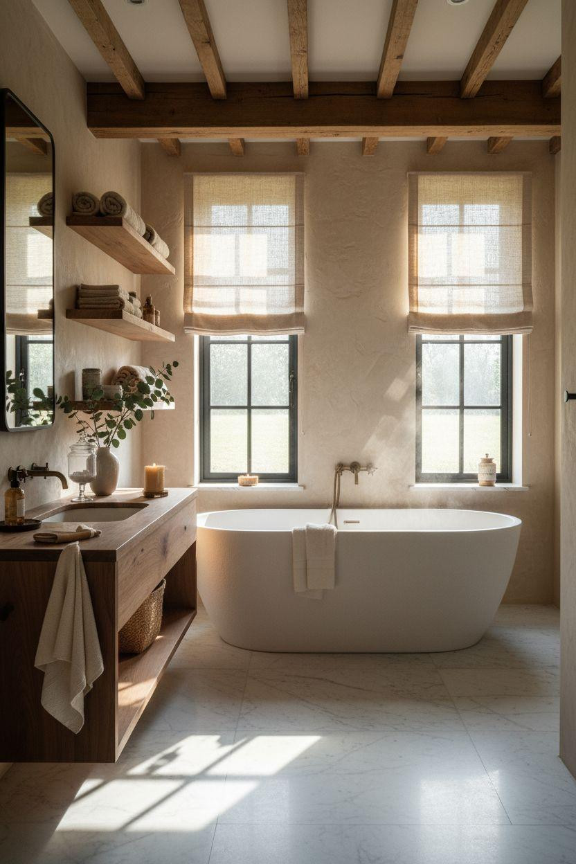 Modern Farmhouse Master Bath featuring dramatic live edge wood vanity