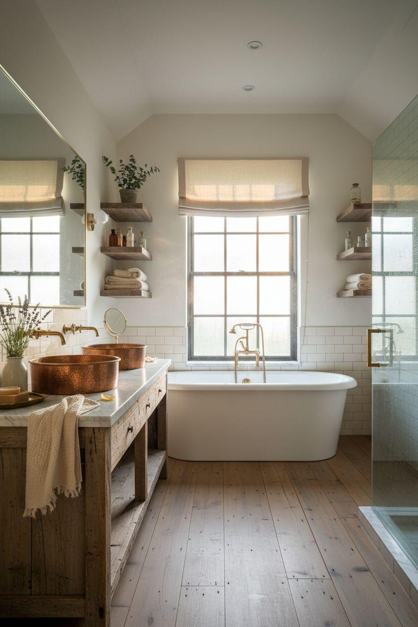 Modern Farmhouse Master Bath featuring hand-hammered copper sinks