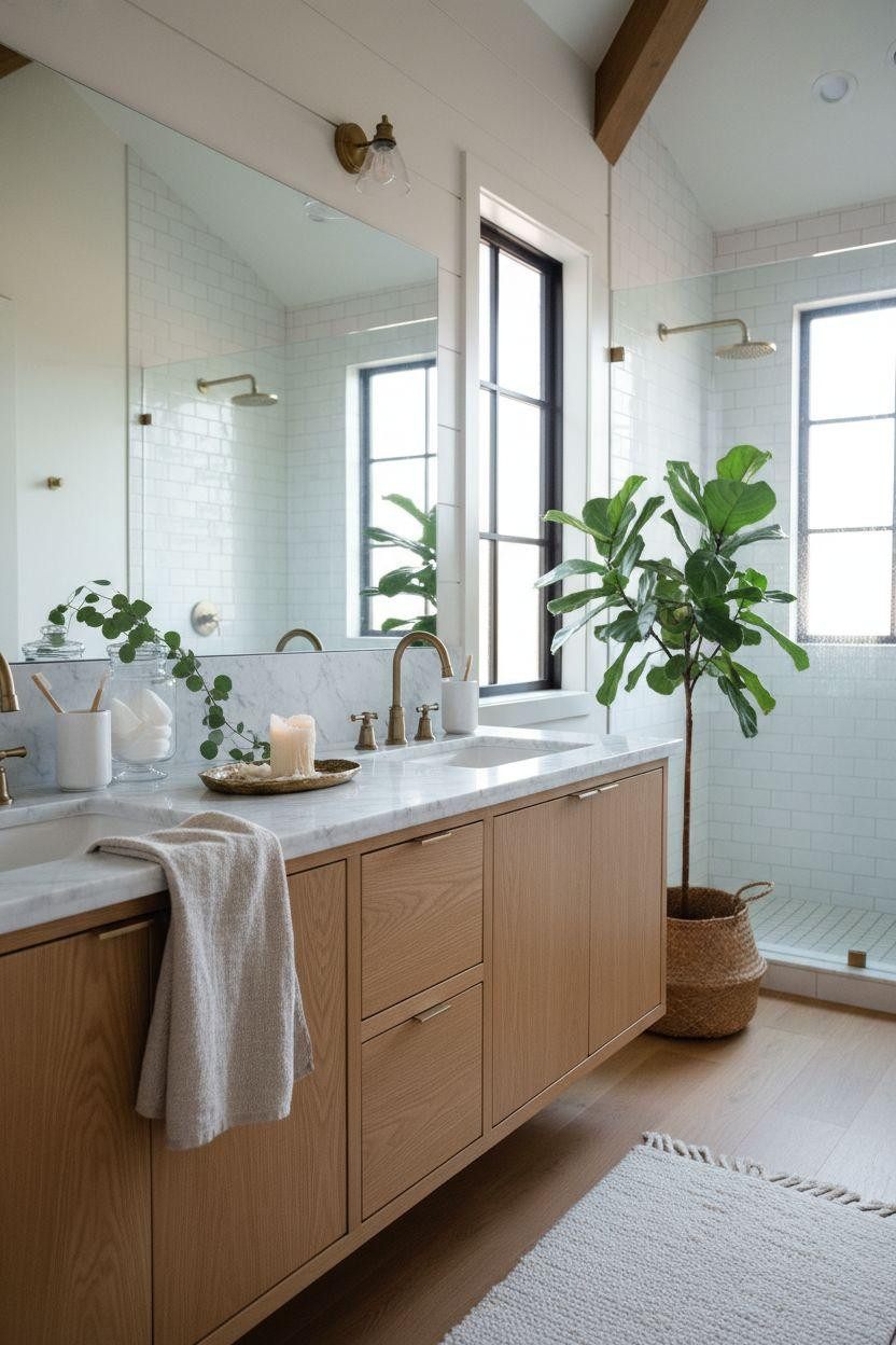 Modern Farmhouse Master Bath featuring clean white oak vanity design