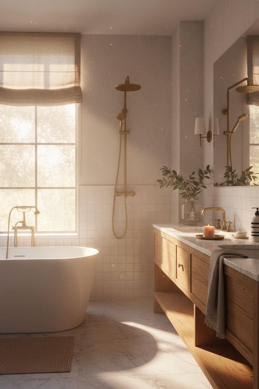 Modern Farmhouse Master Bath capturing natural light through steel windows