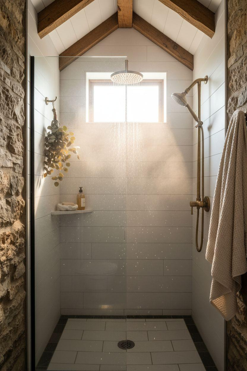 Modern Farmhouse Master Bath shower with exposed limestone walls