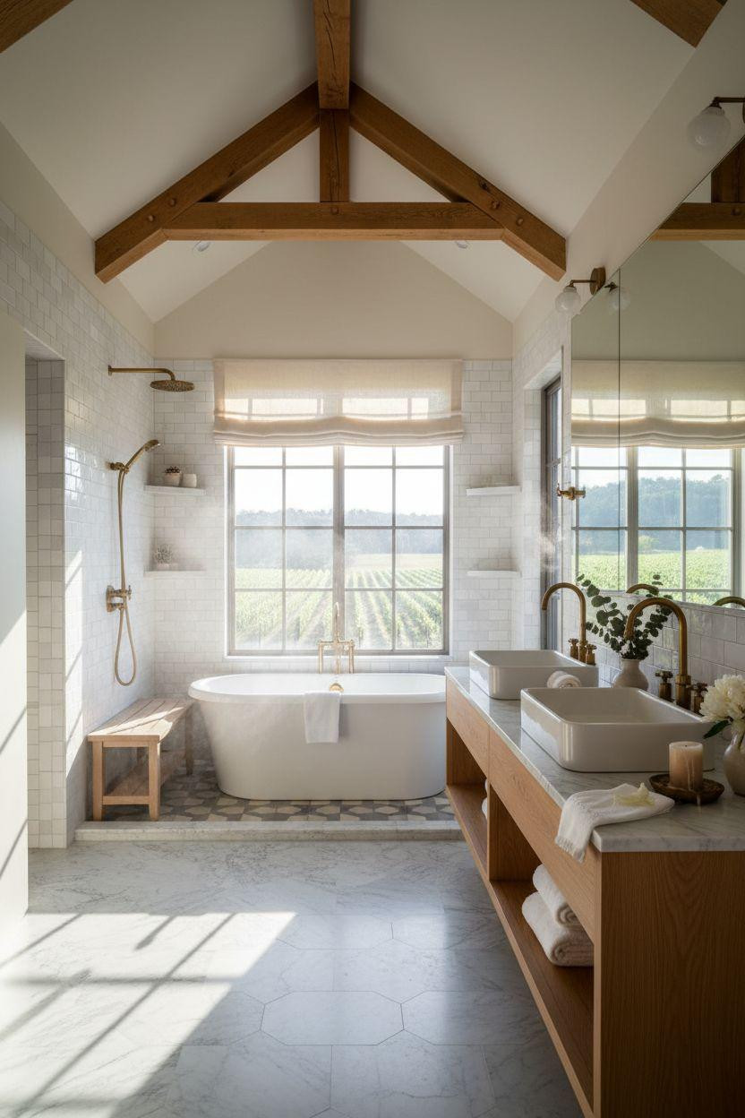 Modern Farmhouse Master Bath with soaring vaulted ceilings and steel-framed windows