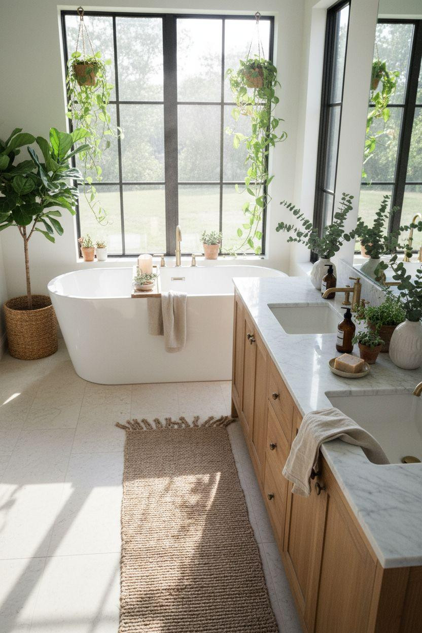 Modern Farmhouse Master Bath styled with abundant plants and natural materials