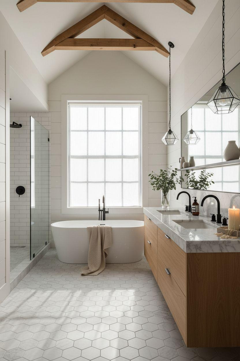 Modern Farmhouse Master Bath featuring geometric black vessel sinks