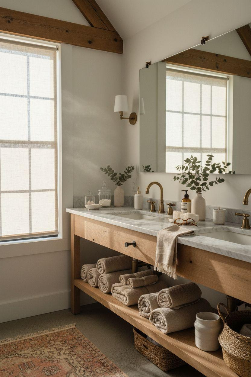 Modern Farmhouse Master Bath featuring floating reclaimed wood shelves