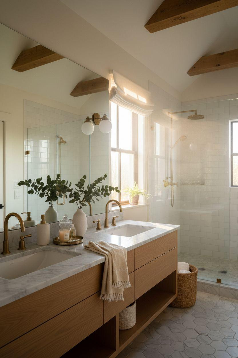 Modern Farmhouse Master Bath with refined brass sconce lighting