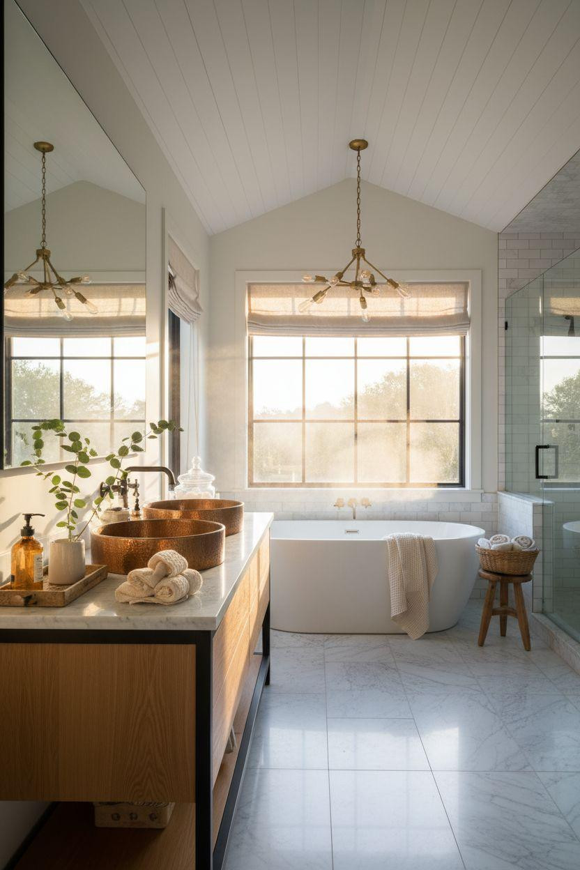 Modern Farmhouse Master Bath with dramatic lighting and copper accents