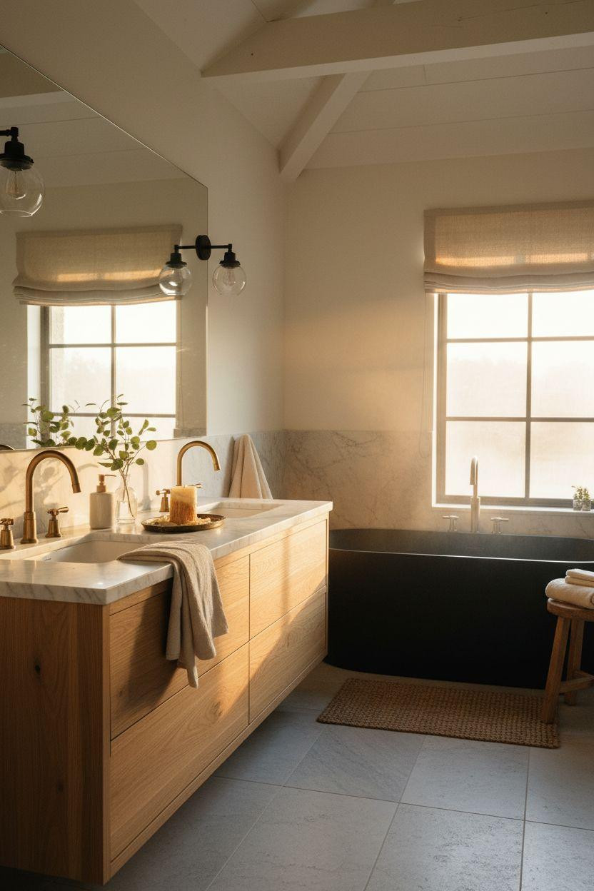 Modern Farmhouse Master Bath with sculptural black freestanding tub