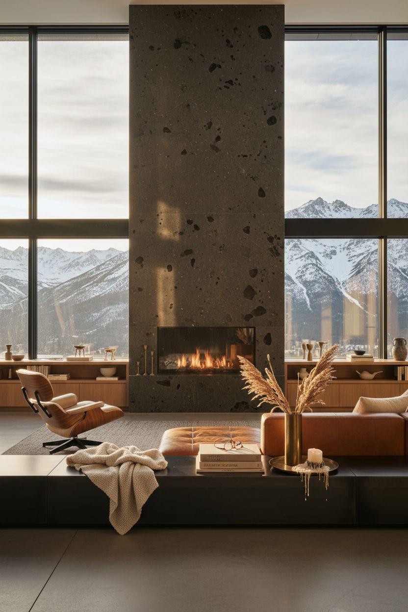 Fireplace Ideas - limestone fireplace wall with brass details