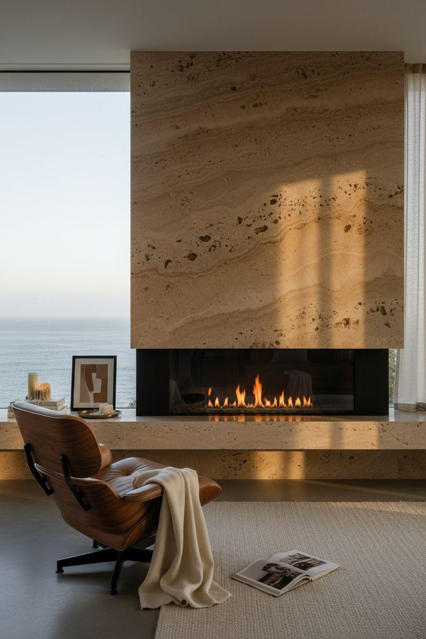 Fireplace Ideas - linear gas fireplace with travertine stone