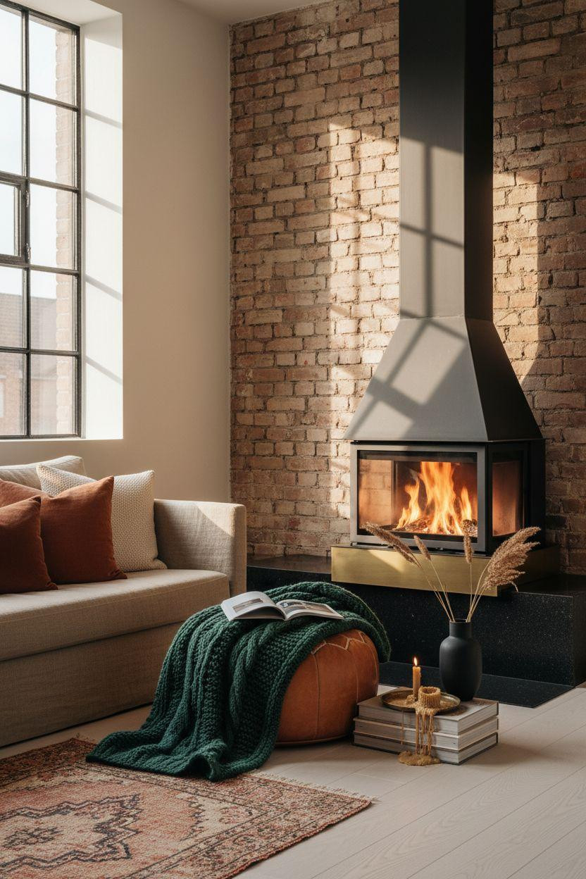 Fireplace Ideas - minimalist gas insert with deep green styling