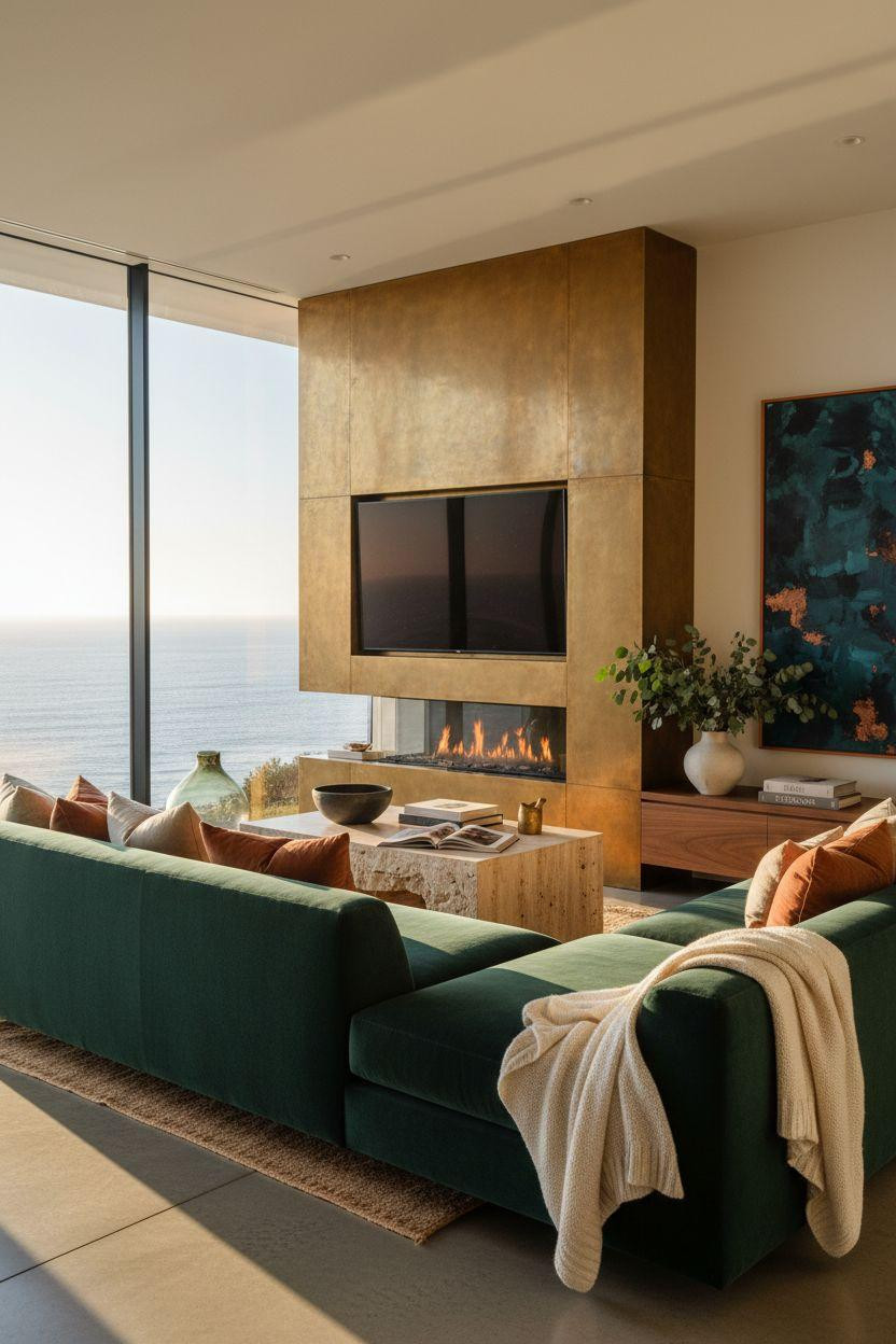 Fireplace Ideas - brass fireplace TV wall combination