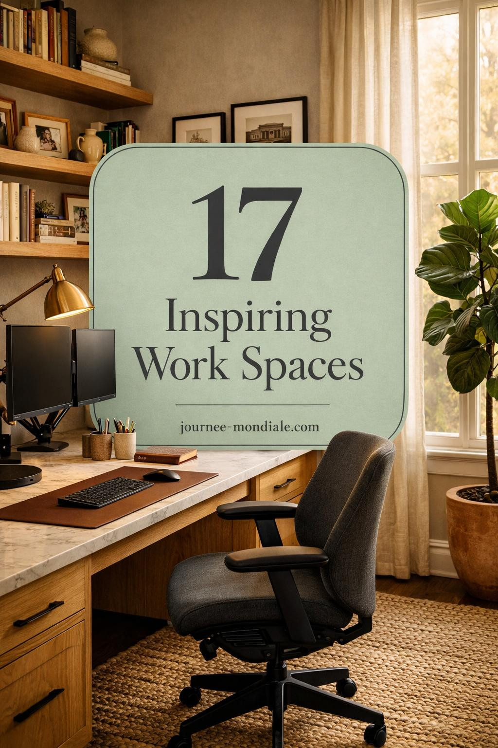 Refined modern home office with custom white oak desk, Carrara marble top, ergonomic charcoal linen chair, dual monitors on articulating arms, warm morning light through sheer curtains, gallery wall, organized accessories, floating shelves with books and plants, fiddle leaf fig, and overlay text 17 Inspiring Work Spaces