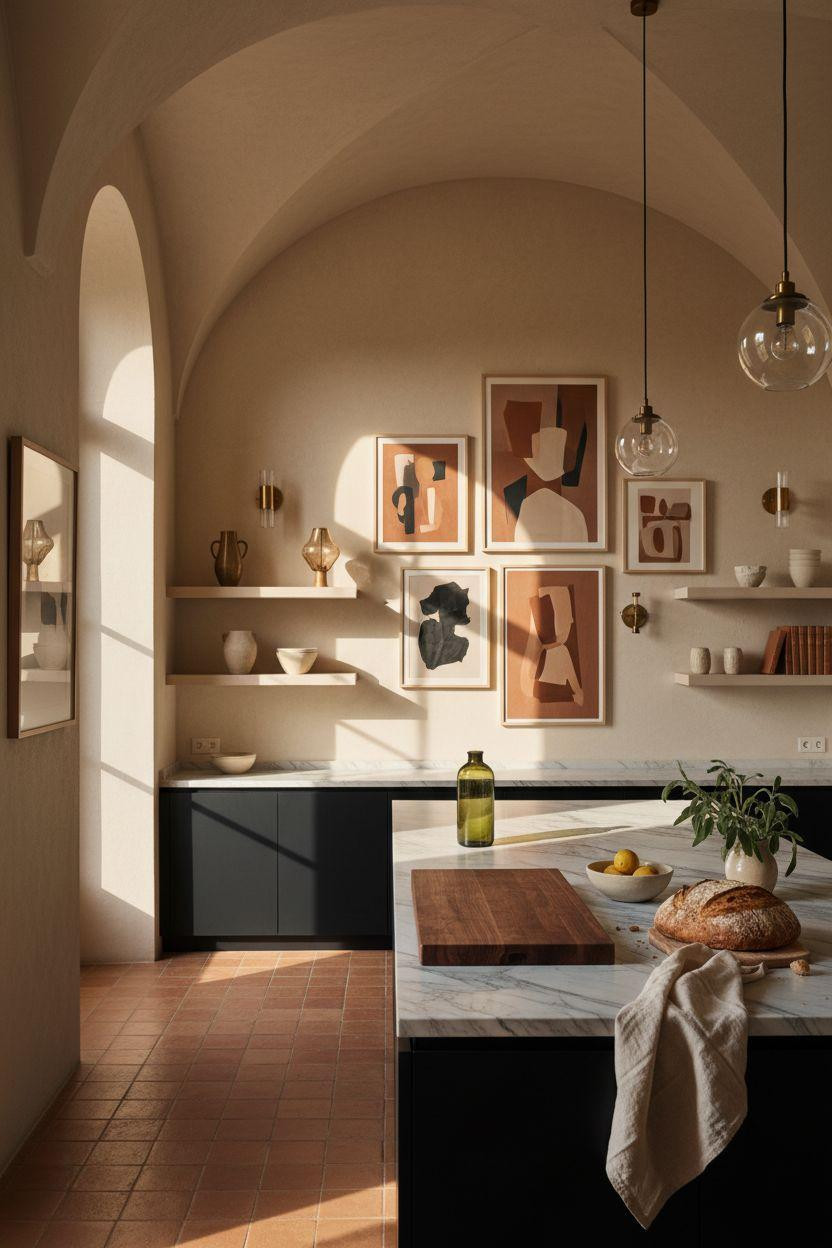 Kitchen Wall Decor Ideas - Large abstract art with brass sconces and matte black cabinetry