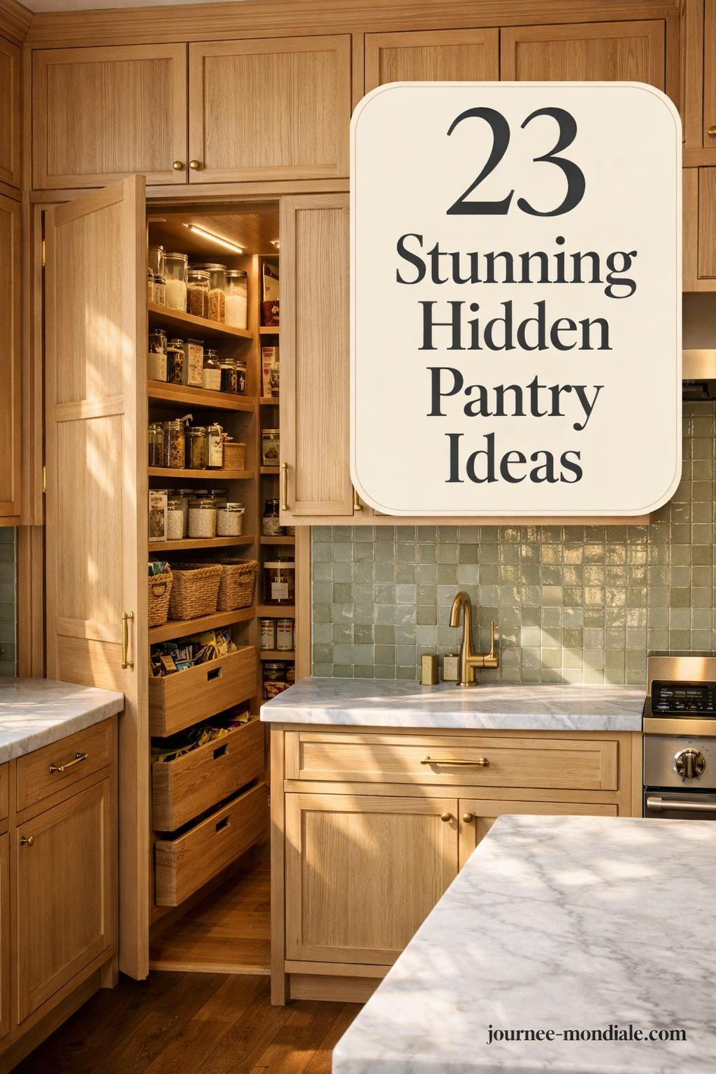 Elegant modern kitchen with custom white oak shaker cabinets and concealed pantry door blending seamlessly via grain-matched panels and unlacquered brass hardware. Interior showcases floor-to-ceiling shelving, pull-out drawers, woven baskets, glass canisters, LED lighting. Honed Carrara marble counters, sage green zellige backsplash, warm morning light casting soft shadows, brass fixtures. Upper right overlay reads '23 Stunning Hidden Pantry Ideas'.