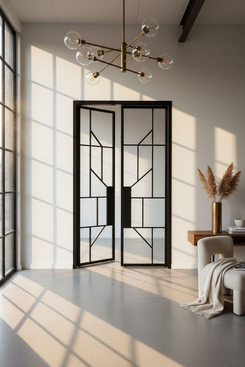 Pocket doors - geometric pattern with statement brass fixture