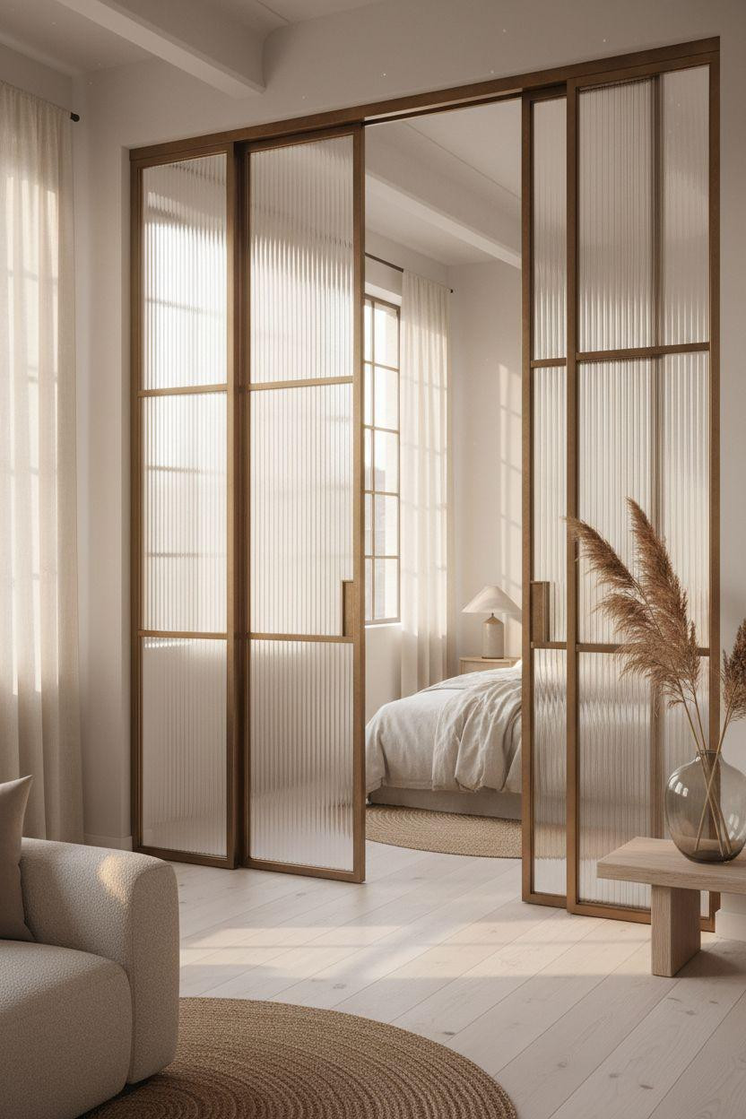 Pocket doors - bronze frames as room dividers in open plan