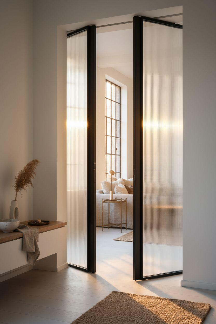 Pocket doors - matte black frames with fluted glass panels