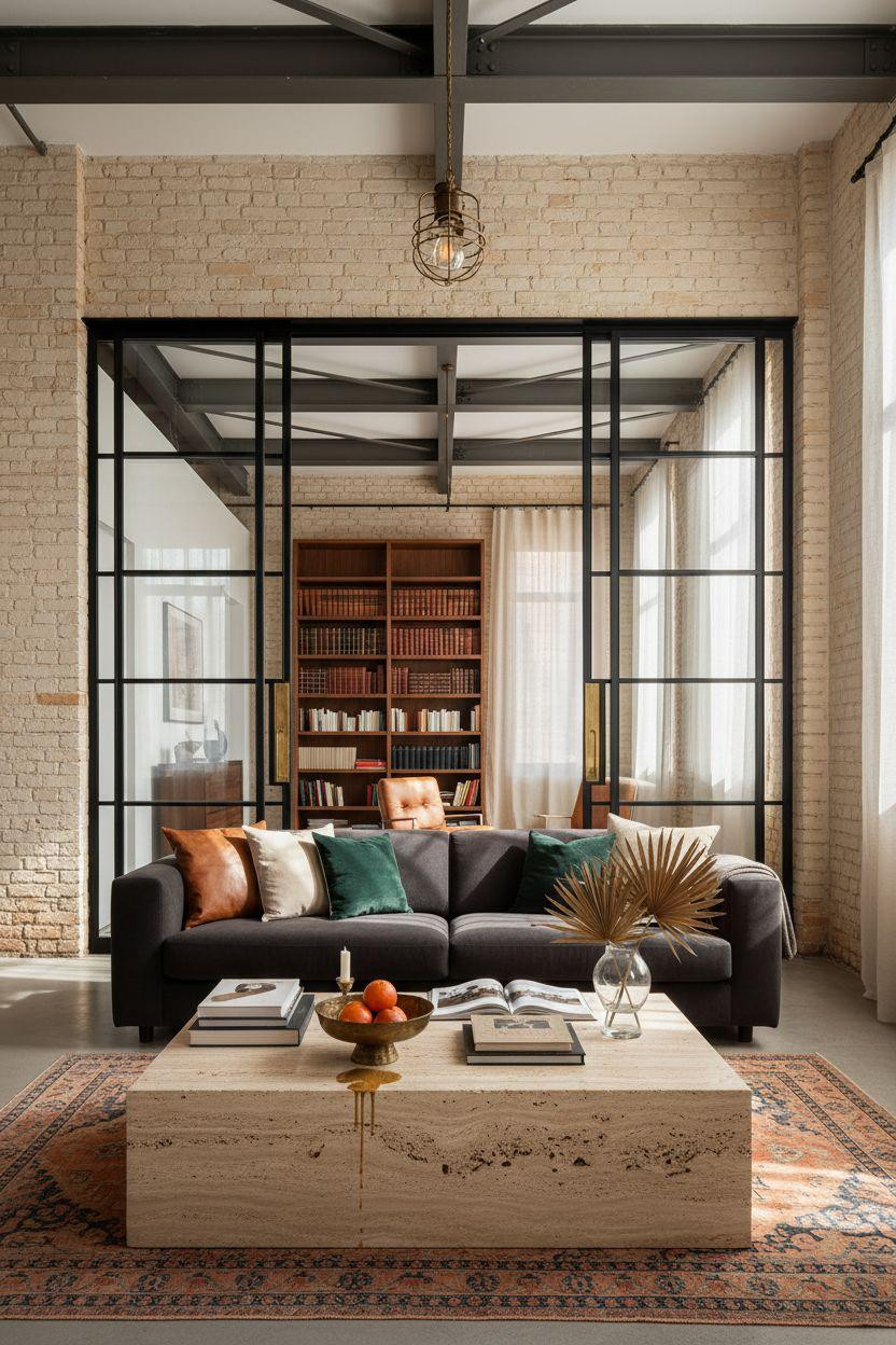 Pocket doors - floor-to-ceiling black steel frames in loft