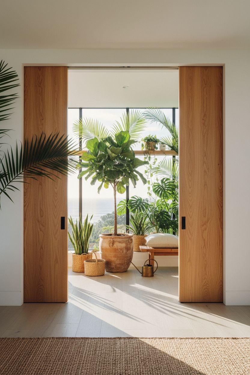 Pocket doors - double oak panels revealing plant-filled space
