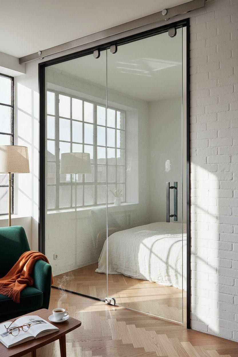 Pocket doors - black steel frames with clear glass panels