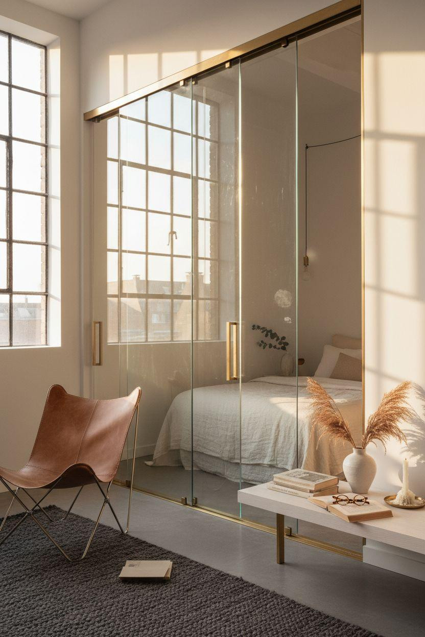 Pocket doors - frameless glass with minimal brass hardware