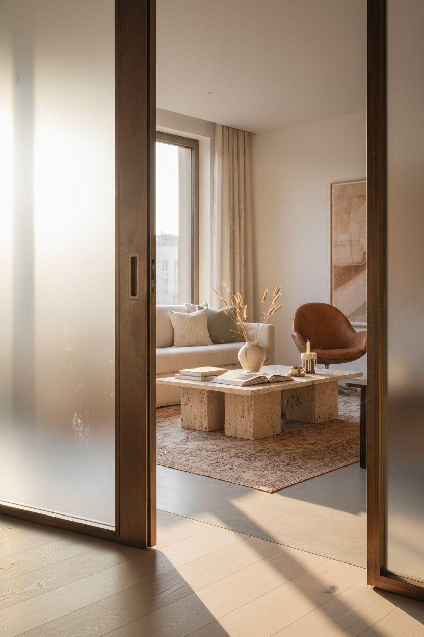 Pocket doors - frosted glass panels framing living area