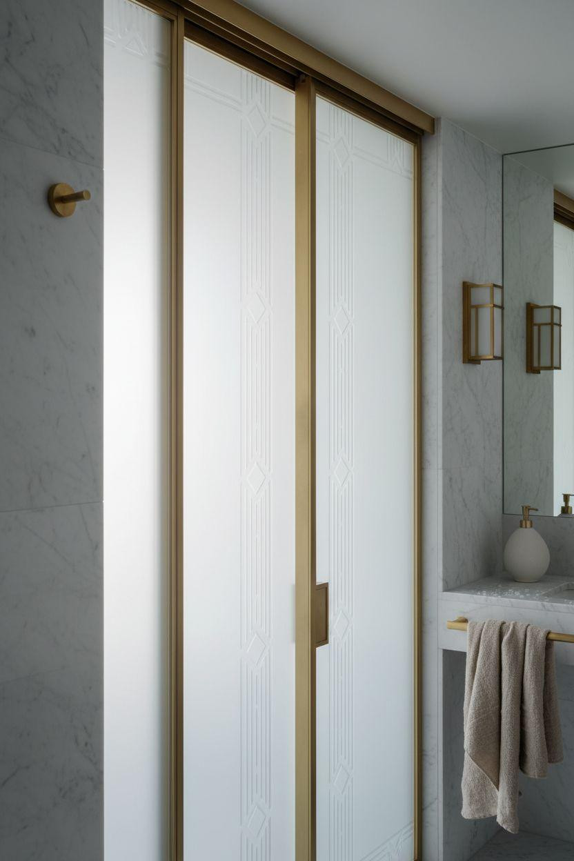 Pocket doors - frosted glass with geometric patterns in bathroom