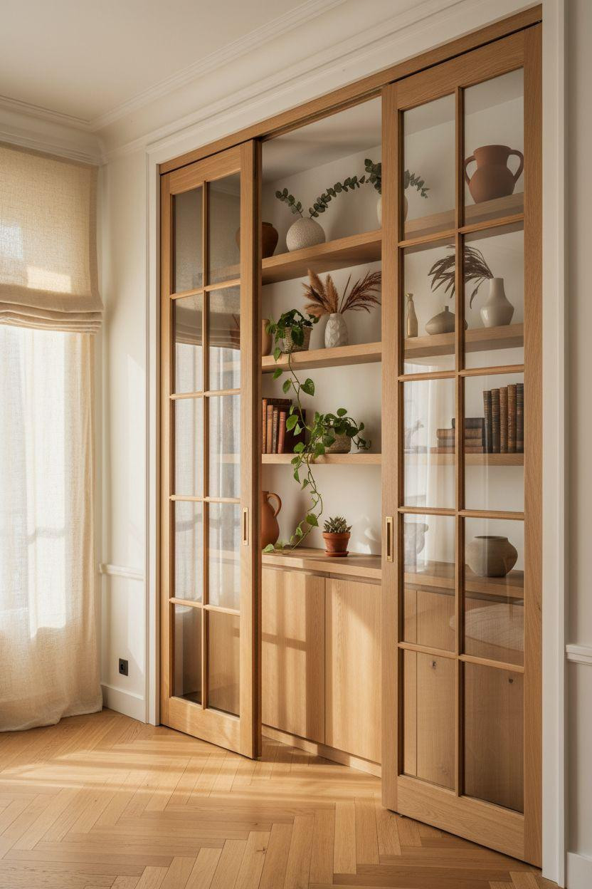 Pocket doors - French style with built-in display shelving