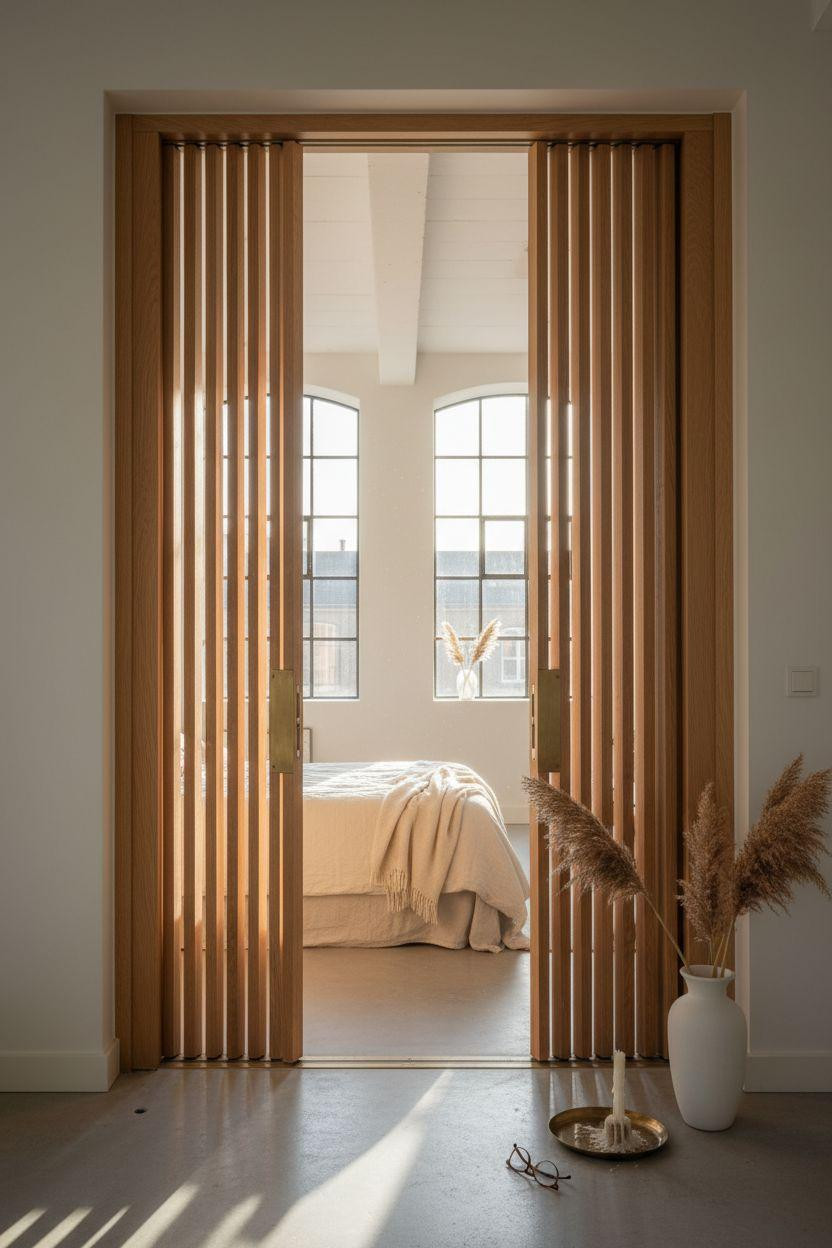 Pocket doors - vertical oak slats with visible grain and brass track