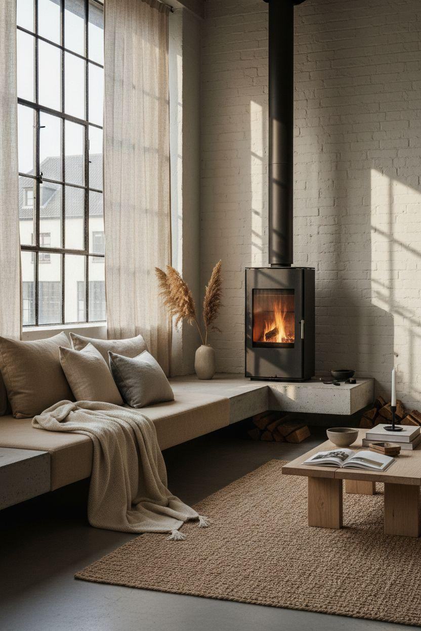 Fireplace Ideas - poured concrete hearth with modern log burner