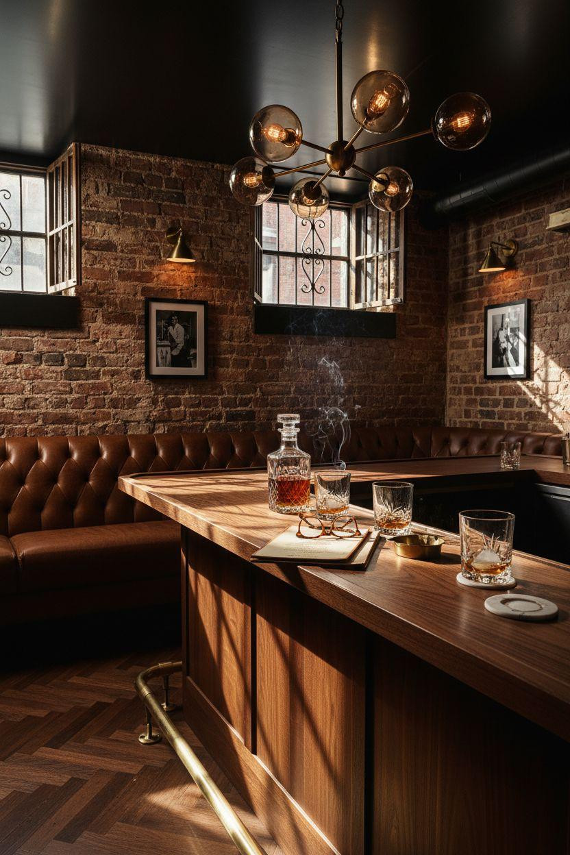 Modern speakeasy bar with brass chandelier and walnut counter