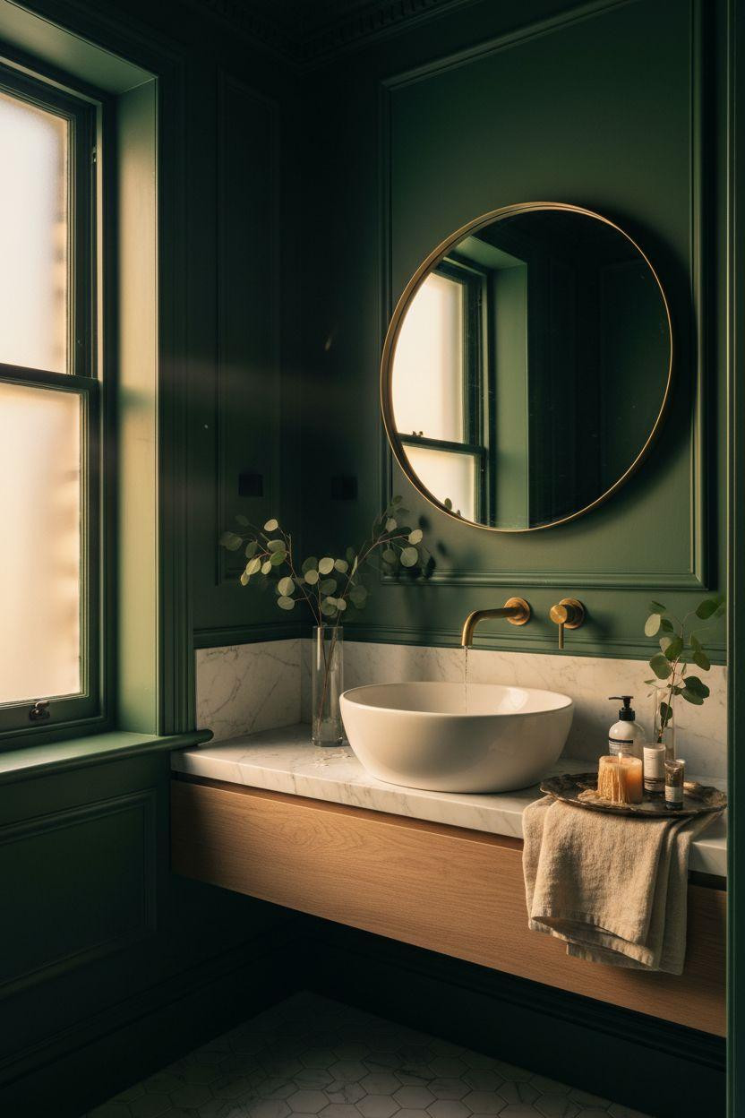 dark green bathroom powder room with brass mirror and marble sink