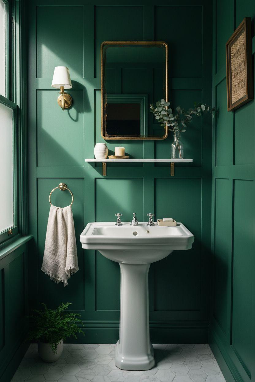 dark green bathroom with hunter green wall paneling and white pedestal sink