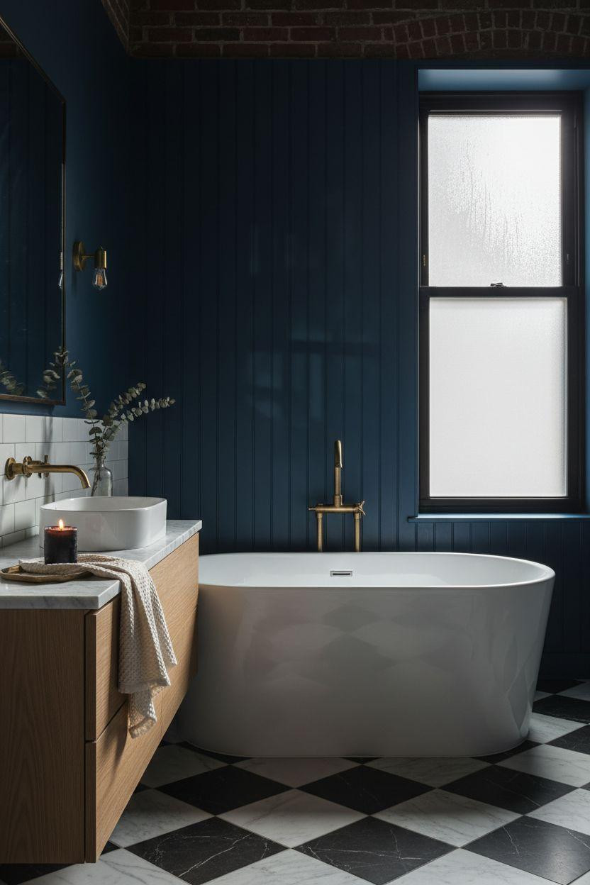 dark blue bathroom with freestanding tub and black white checkered floor